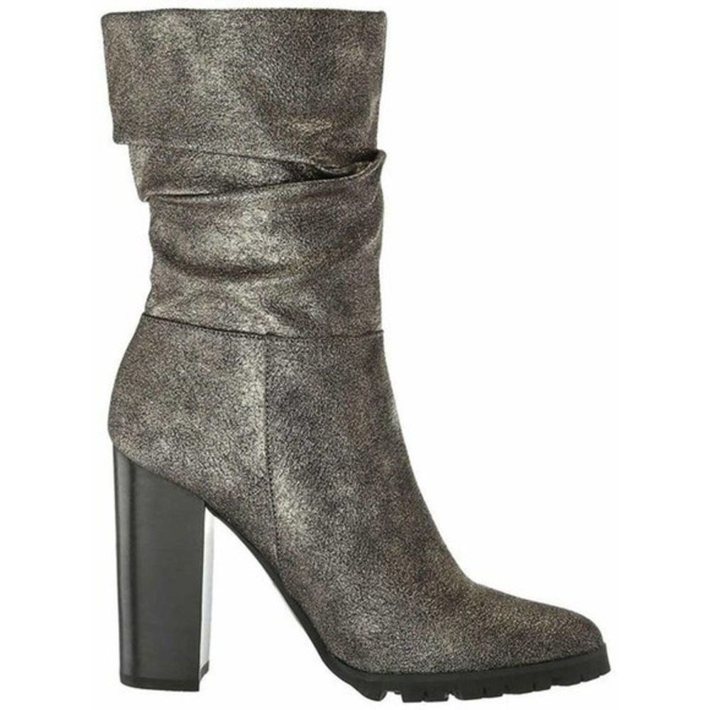NWT Katy Perry Raina Fabric Pointed Toe Mid-Calf Fashion gunmetal Metallic boot
